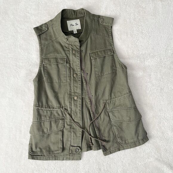 Per Se Utility Vest Women Size M Cargo Hunter Green Pockets Waist Drawstring - Picture 1 of 14